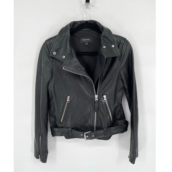 Mackage Black Miela-N Belted Lambskin Leather Moto Motorcycle Biker Jacket XS - Picture 1 of 10